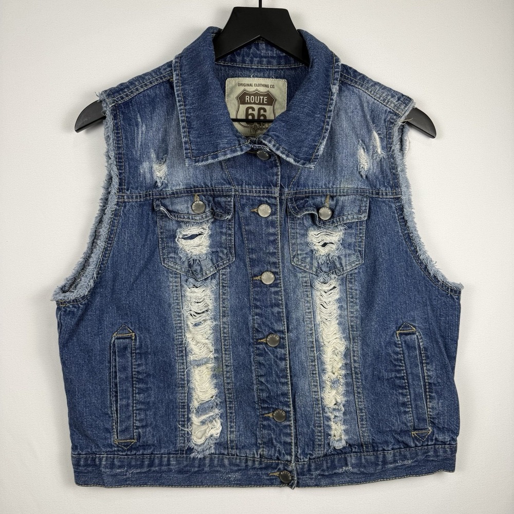 Route 66 Womens Denim Vest Size Medium Distressed Y2K Western Grunge Streetwear